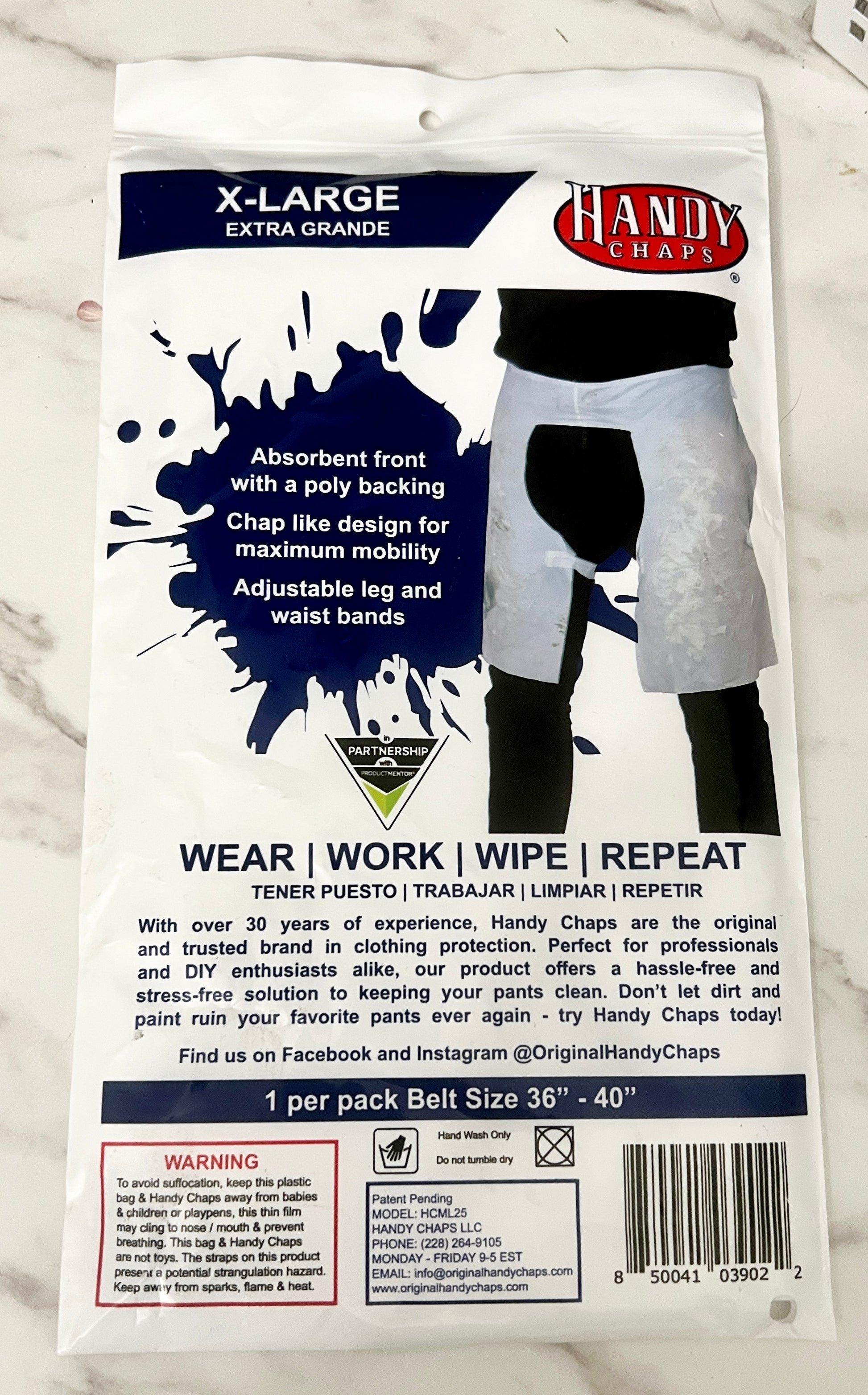 Handy Chaps packaging for x-large chaps with branding and product details.